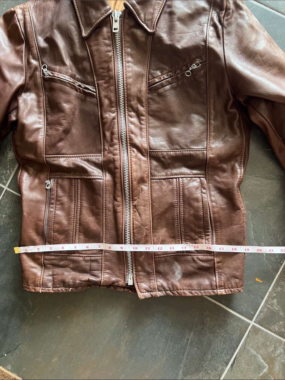 Men's vintage Brown Leather Bomber motorcycle Jacket with Zip Front - Picture 4 of 8